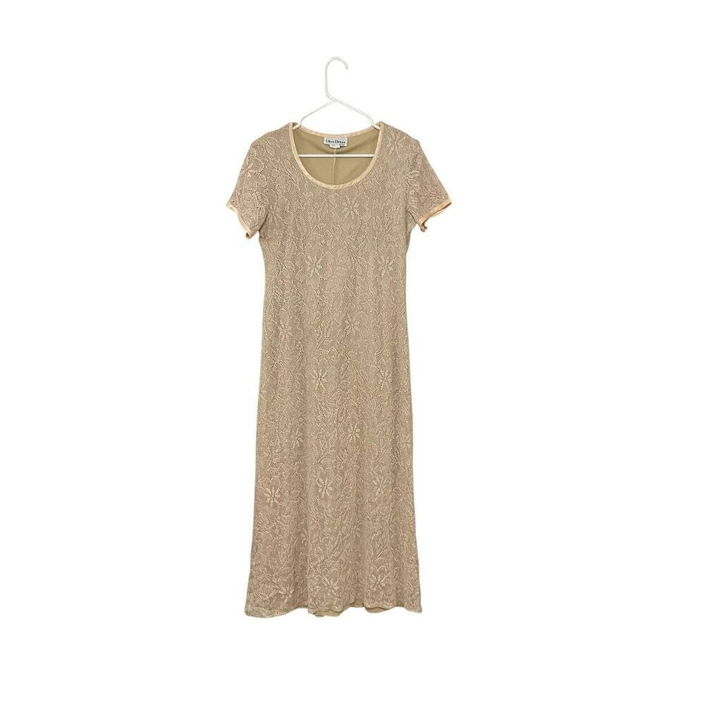 VTG 80s Ultra Dress Gold Lace Floral Maxi Dress Sz 14 Large Stretch Short Sleeve